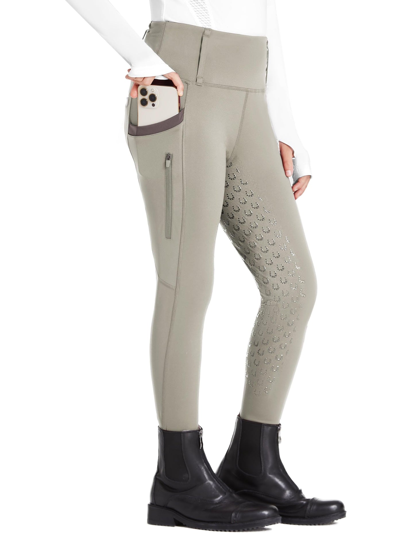 FitsT4 Sports Girls Riding Pants Full Seat High Waist Kids Equestrian Breeches Horse Schooling Tights Zipper Pockets Khaki Size M