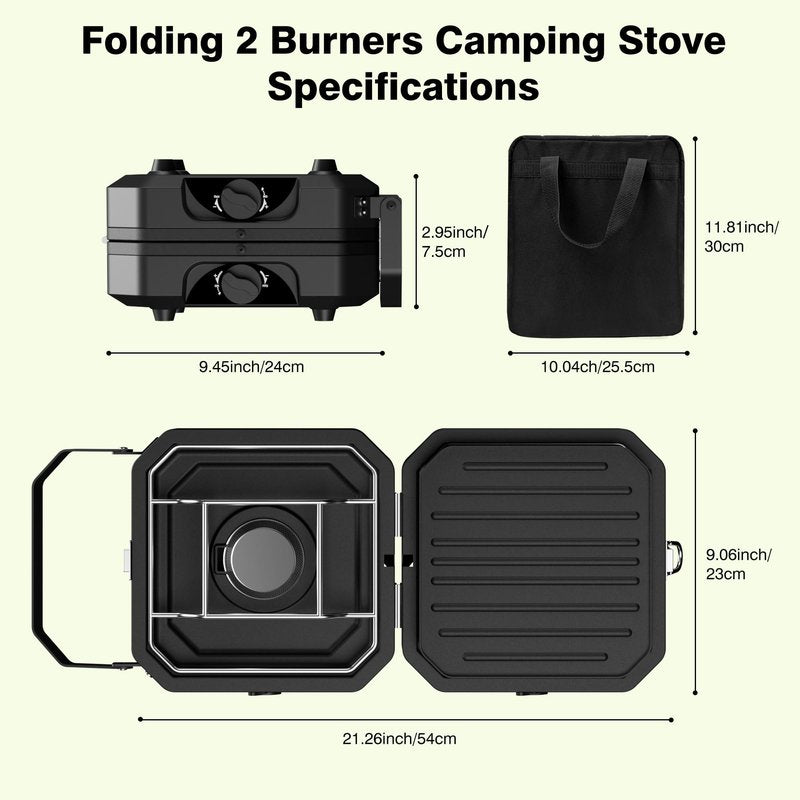 Camping Stove Portable Propane Camp Stove with Independently Adjustable Heat & Carry Bag, Foldable Gas Stove with 2 Burners for Outdoor Cooking,Tailgating & Backyard Gathering,BBQ (Black)