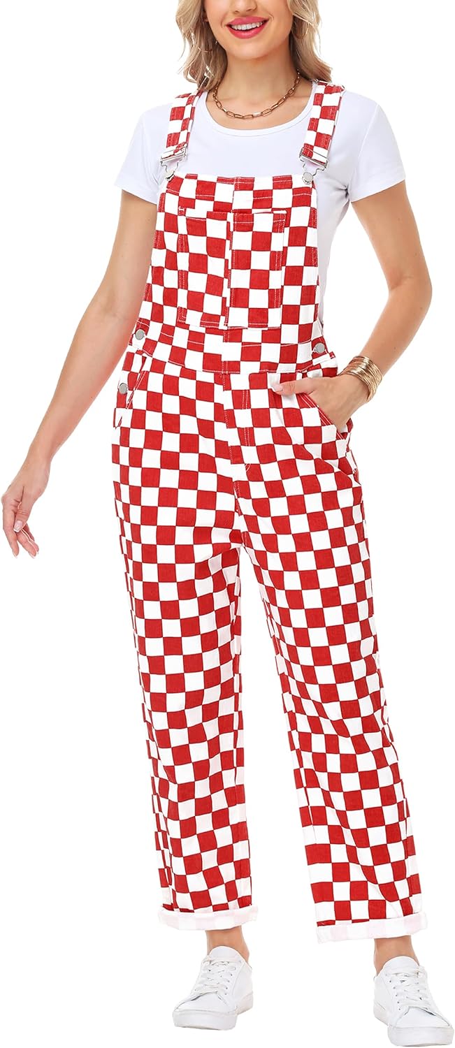 Skiennix Women's Checkered Denim Overalls - Stretchy Cotton Jumpsuit for Comfort & Style