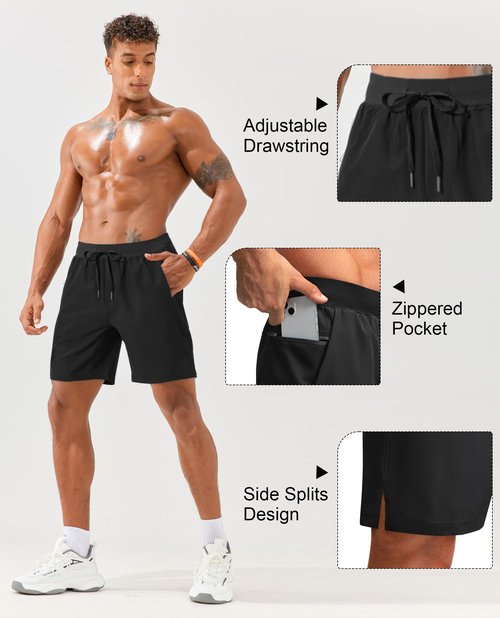 FOGFIRE Men's Athletic Running Shorts with Zipper Pocket Quick Dry Gym Workout Basketball Golf Black Large