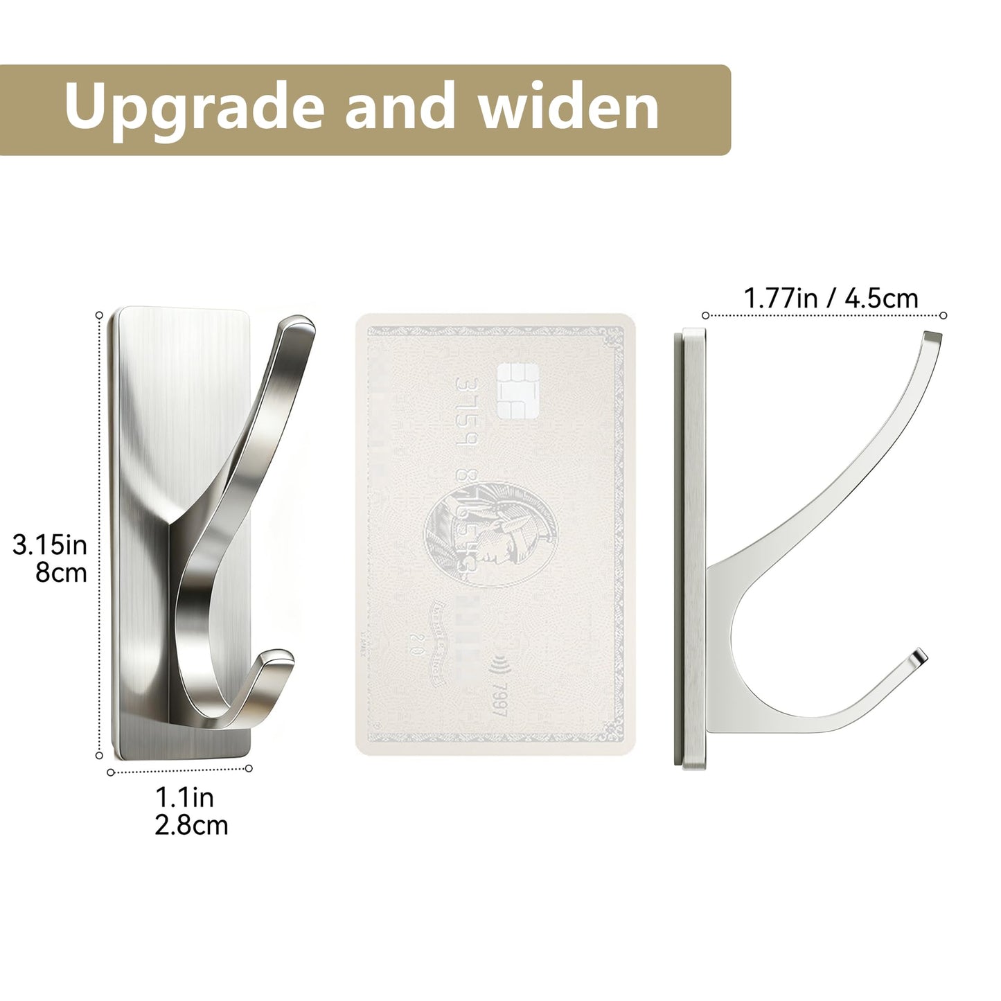 Self Adhesive Coat Hooks for Hanging: Heavy Duty Stainless Wall Hook for Towel, Backpack, Hat, Sturdy Metal Hanger for Bathroom, Bedroom, Door, Brushed Nickel 4 Pack