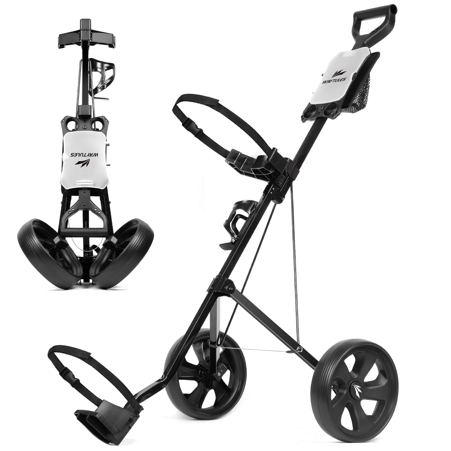 WAYTULES 2-Wheel Golf Pull Cart – Lightweight Foldable Golf Push Cart with Durable Steel Frame, Adjustable Web Straps, Compact Design for Walking Golfers(Black)