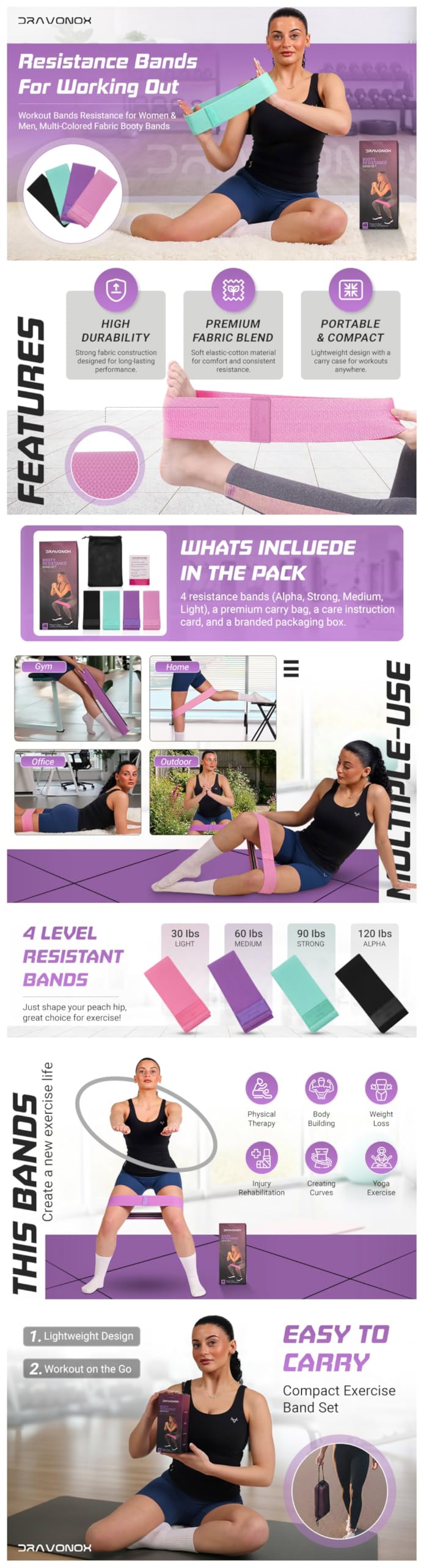 Resistance Bands, Workout Bands, Exercise Bands for Working Out with Workout Bands Guide, 4 Levels Booty Bands, Leg Exercise Bands Resistance, Glute Bands, Non-Slip Fabric Elastic Bands for Men Women