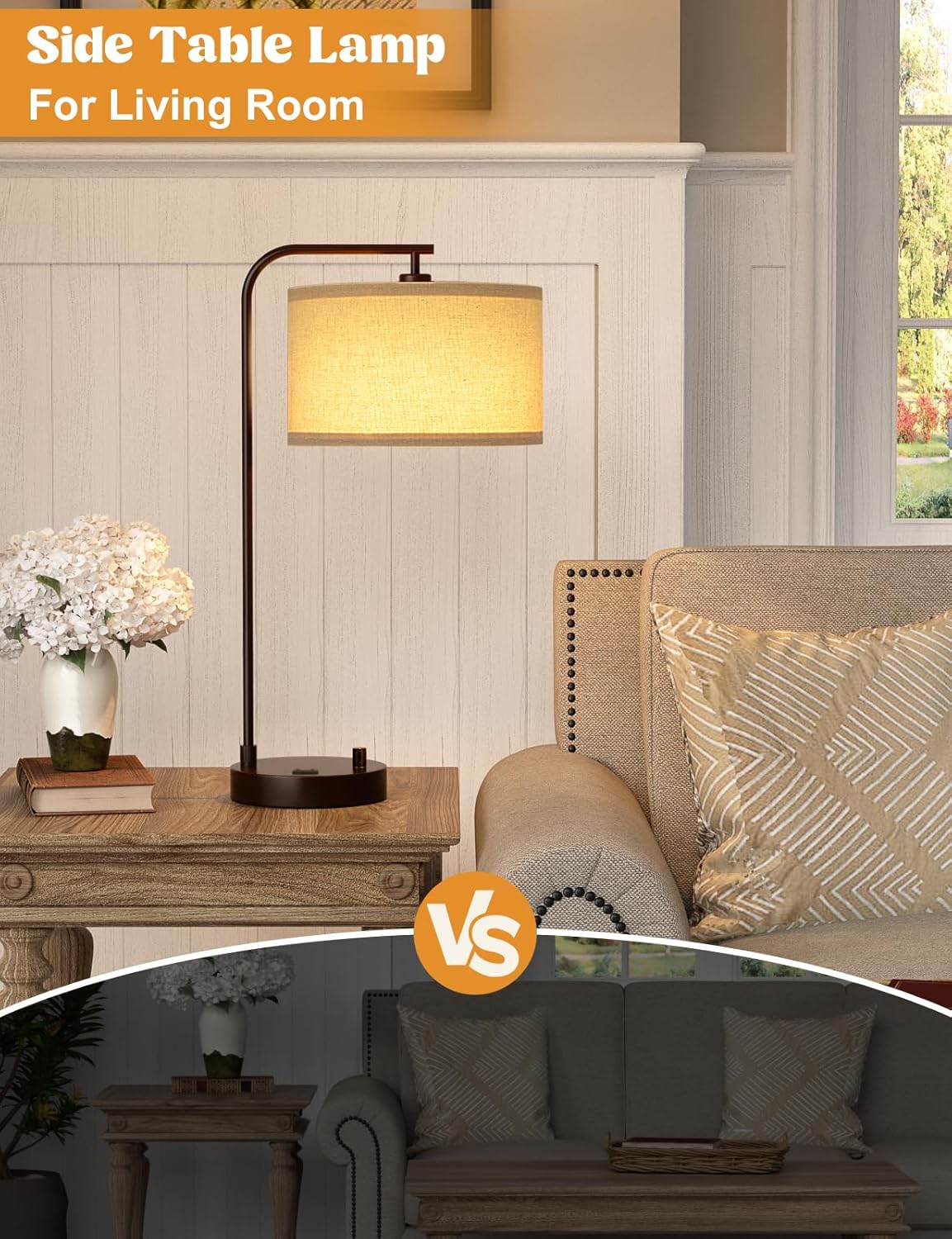 Dimmable Tall Table Lamp with USB Port & Outlet - Linen Shade Bedside Desk Lamp for Bedroom, Living Room, Home Office