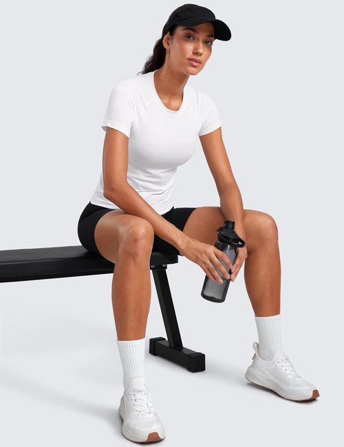 CRZ YOGA Seamless Workout Tops for Women - Breathable Short Sleeve Athletic Shirts | Waist Length