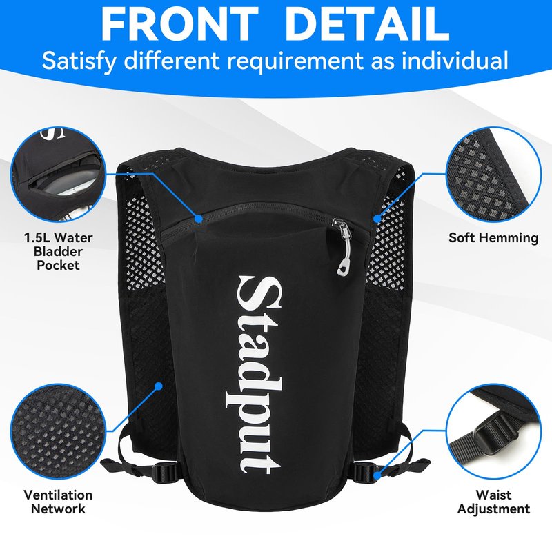 Reflective Hydration Running Vest Backpack | Lightweight 1.6L Water Bladder Bag for Trail Running, Cycling & Marathon | Perfect for Men & Women with Mobile Holder & Multiple Pockets | Premium Black