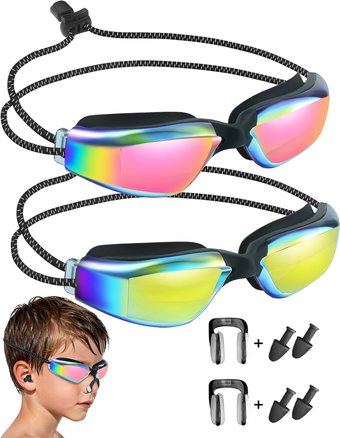 Vvinca Kids Swim Goggles - No Hair Pulling Design with Bungee Strap | 2-Pack for Ages 6-14