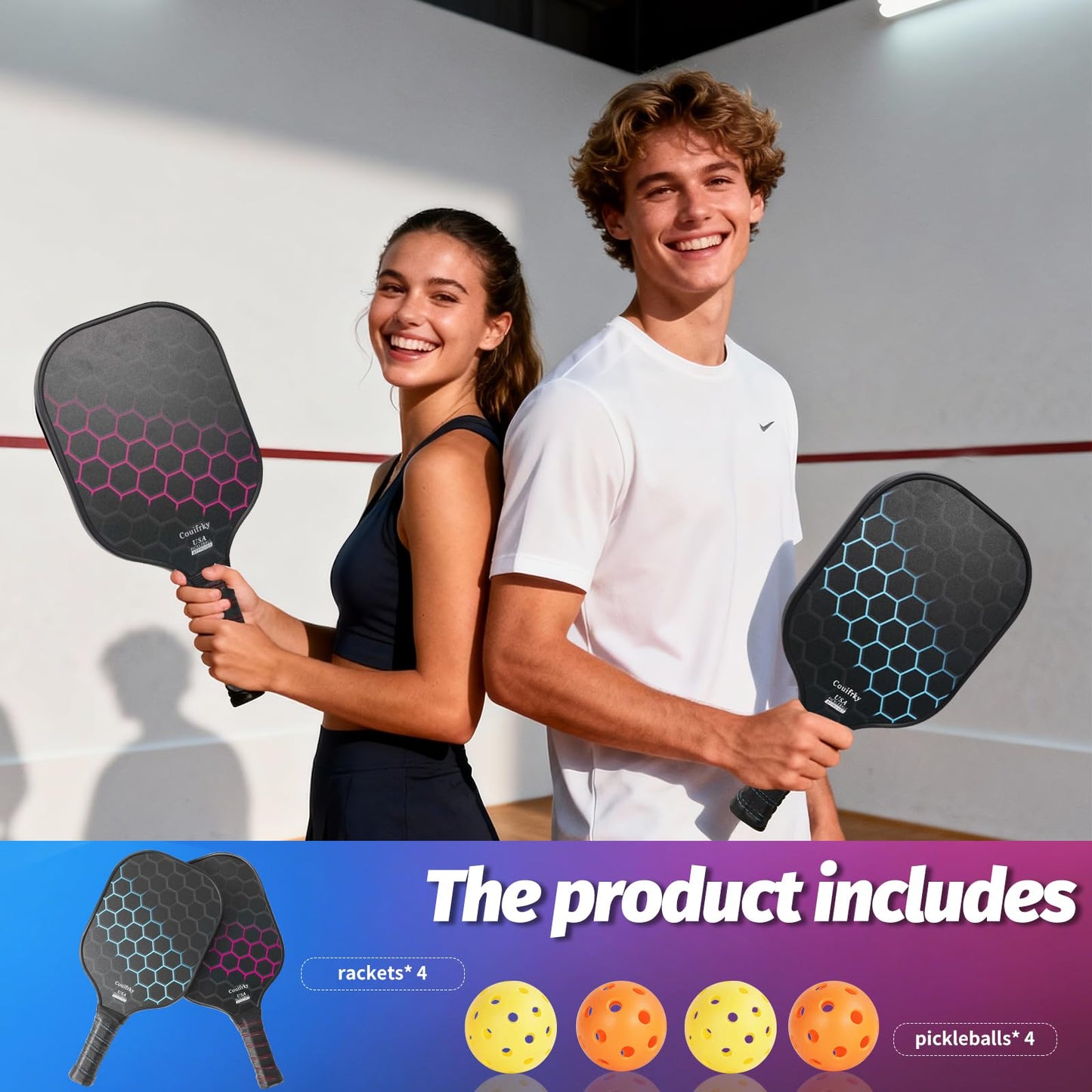 Couifrky Fiberglass Pickleball Paddles Set of 2-4 Indoor/Outdoor Balls & Carry Bag, Professional Grade for All Skill Levels Men Women Beginners (Blue & Red)