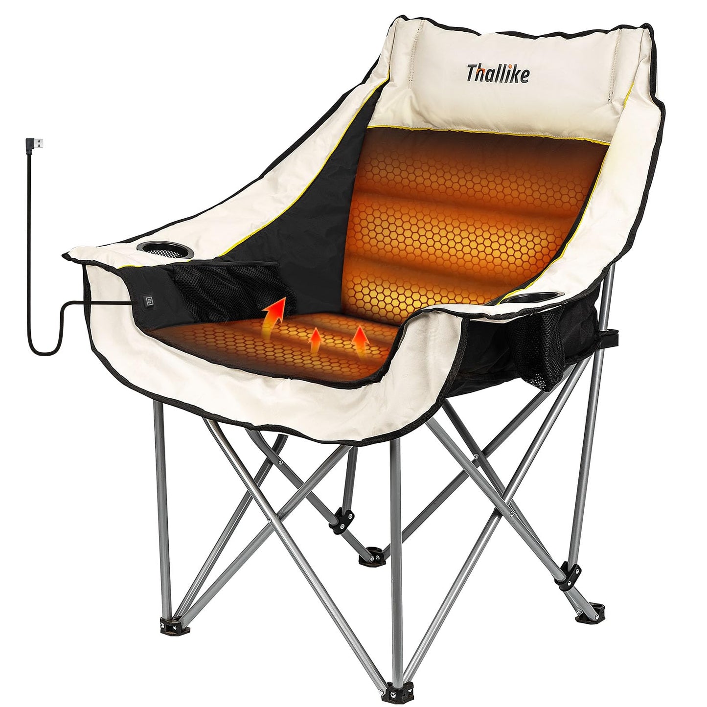 Heated Oversized Camping Chair for Adults Portable Folding Padded Chair with 3 Heat Levels Cup Holder Side Pocket and Carry Bag for Camping Outdoor Sports Picnic Lawn Supports up to 450lbs