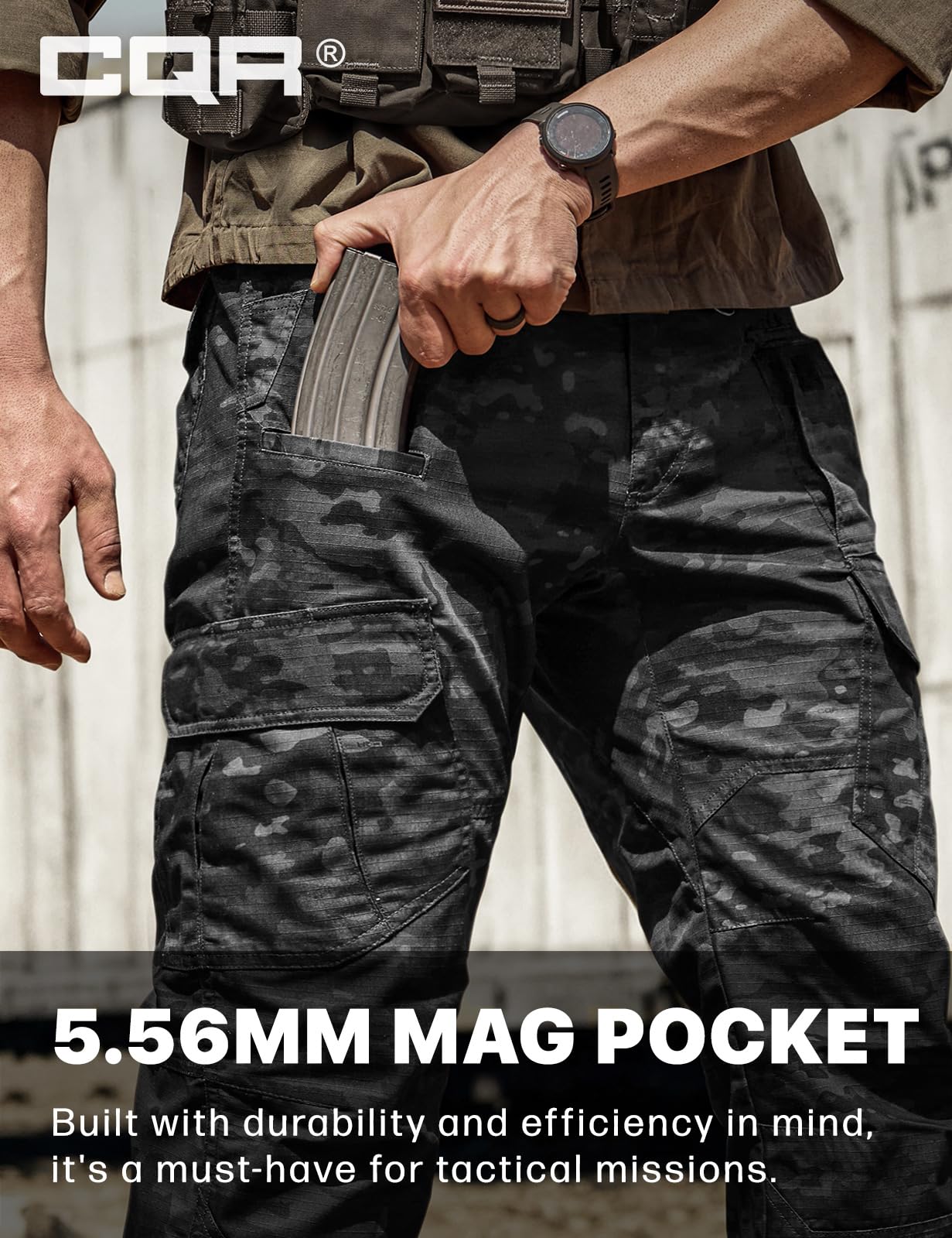 CQR Men's Tactical Pants, Water Resistant Ripstop Cargo Pants, Lightweight EDC Work Hiking Pants, Outdoor Apparel, Duratex Mag Pocket Print Utility Camo Black, 42W x 32L