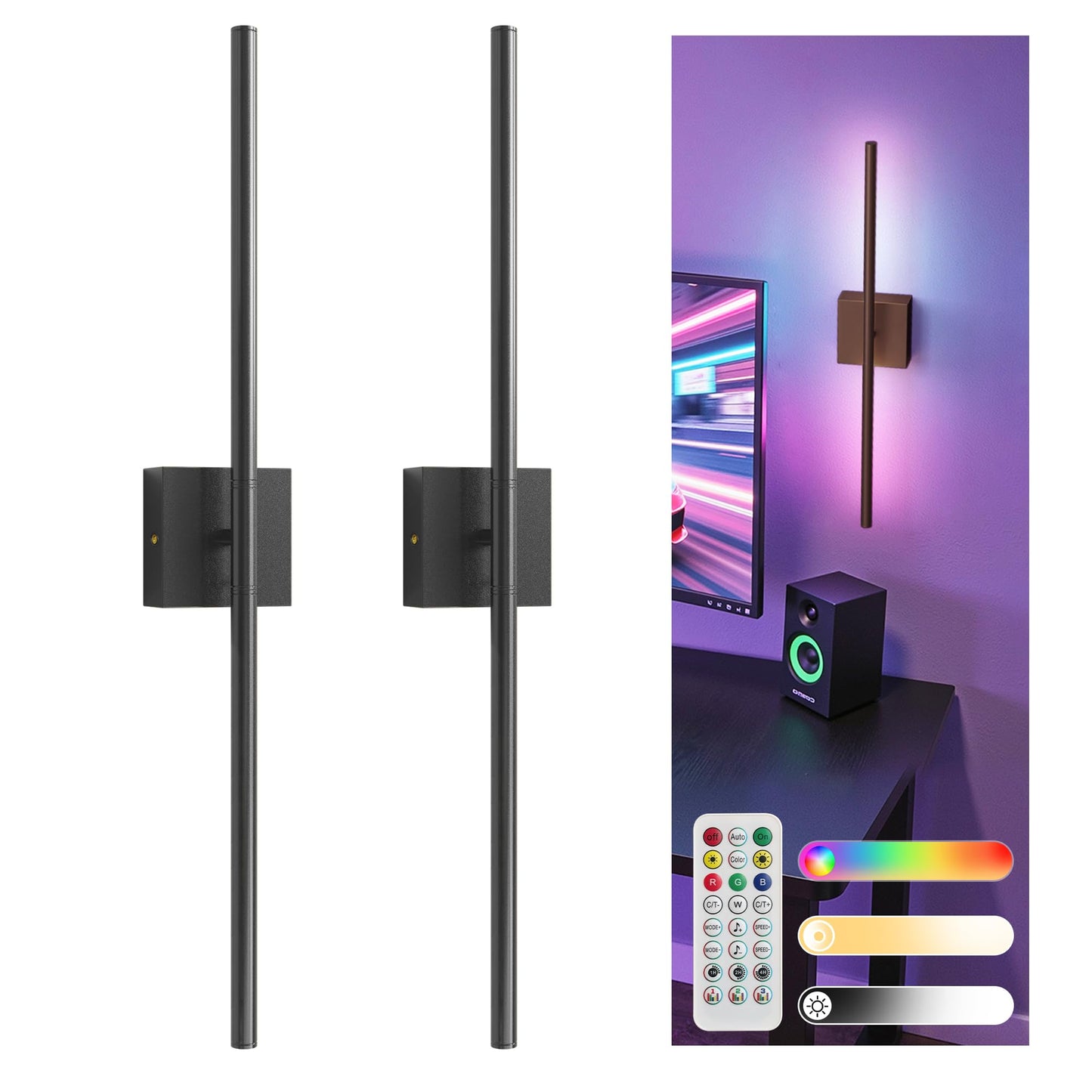 L LOHAS LED Battery Operated Wall Sconces Set of 2, Battery Wall Sconce 10000mAh, Black Rechargeable Sconces 3CCT + RGB, 28.7 Inch Wireless Wall Lights, Sconce Wall Decor for Bedroom, Living Room
