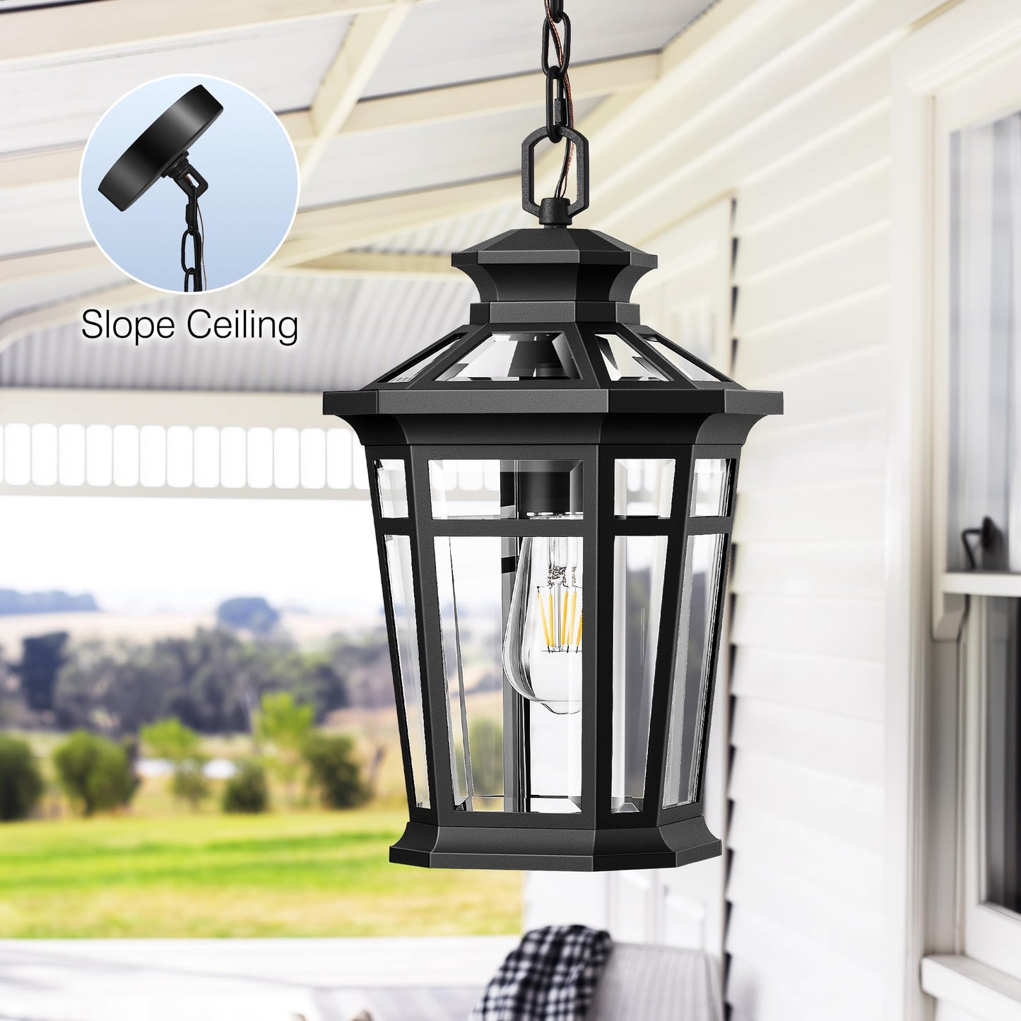 OPAXIS Large Outdoor Pendant Light Fixture, 16'' Black Exterior Hanging Lanterns with Adjustable Chain, Waterproof Outdoor Ceiling Lights for Porch, 100% Aluminum Exterior Chandelier for Gazebo, Patio