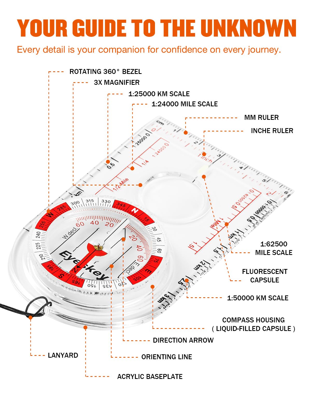 Eyeskey Advanced Orienteering Compass for Hiking & Navigation - Professional Scout Compass with 3X Magnifier, Glow-in-Dark Feature & Multi-Scale Rulers for Outdoor Survival Camping