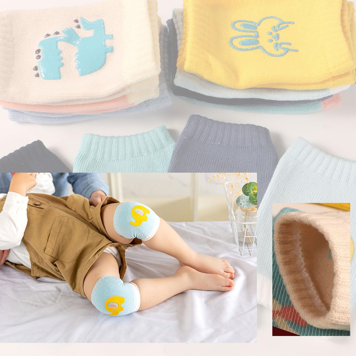 TAMHOO Baby Knee Pads for Crawling 6-24 Months, 8 Pairs with Animal Designs (Monkey/Dinosaur/Pig/Elephant/Cat/Rabbit/), Anti-Slip Silicone Protection,Breathable Toddler Knee Protectors