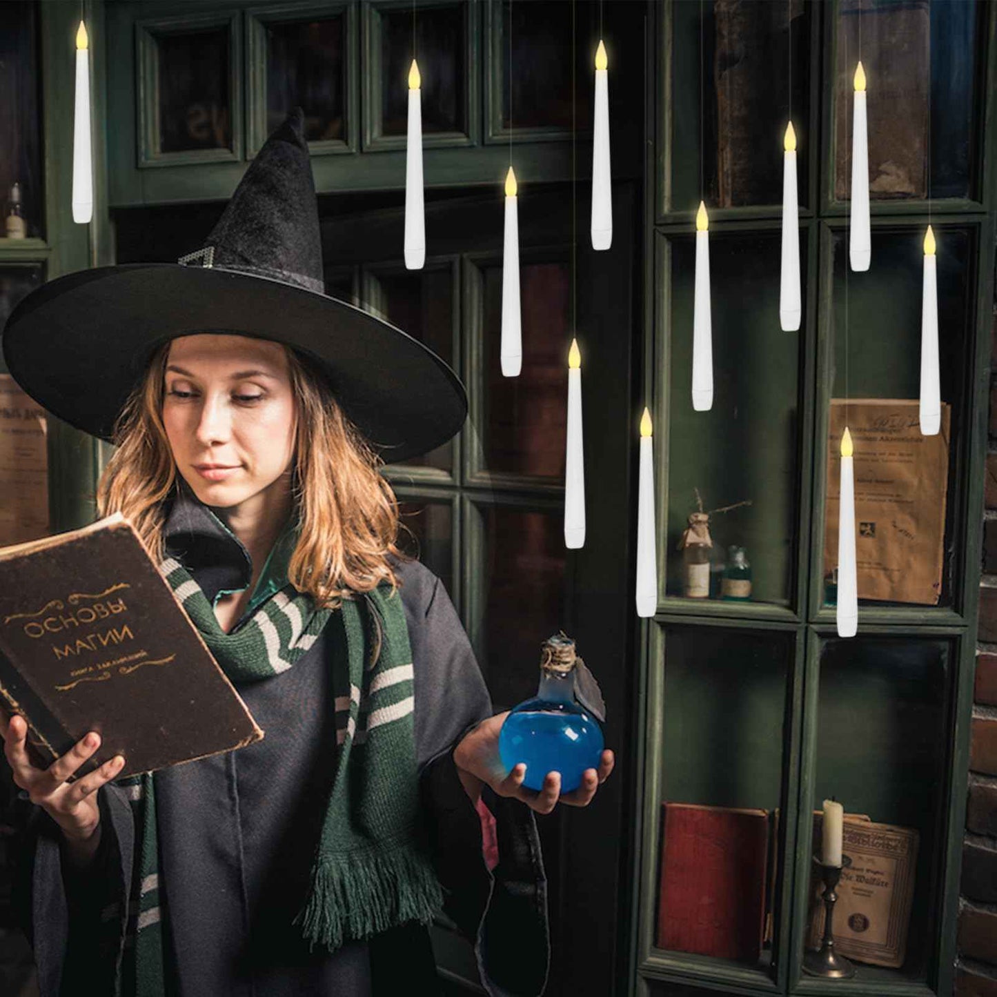 Eebuss Flameless Floating Candles with Magic Wand, 12 Pcs Hanging Flickering LED Taper Candles, Battery Operated Taper Candle with Remote for Children Gift Halloween Decor (White)