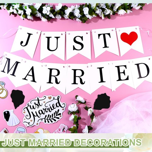Wedding Golf Cart Decorations 1 Just Married Sign Banner 4 Rose Garland 14 Assorted Ornate Car Magnets 19.7ft Draping Fabric 4 Mr and Mrs Just Married Balloons for Bridal Shower Honeymoon Photo Props