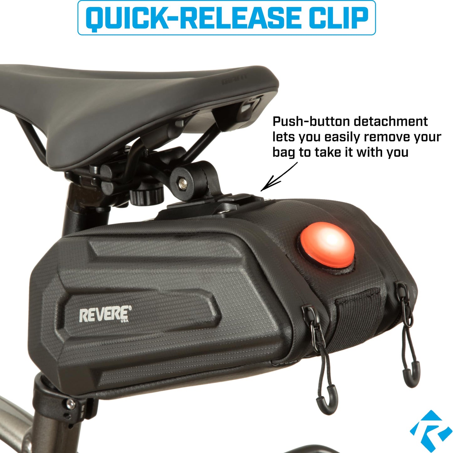 Revere Bike Saddle Bag – 2L Hard Shell Seat Bag with Reflective Strip, Quick-Release Mount, Includes Tire Levers & Taillight, for Mountain & Road Bikes