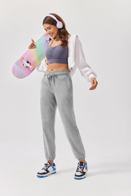 PINSPARK Womens Fleece Sweat Pants High Waisted Jogger Sweatants Casual Cinch Bottom Athletic Pants with Pockets Warm Workout Running Pants PL Heather Grey