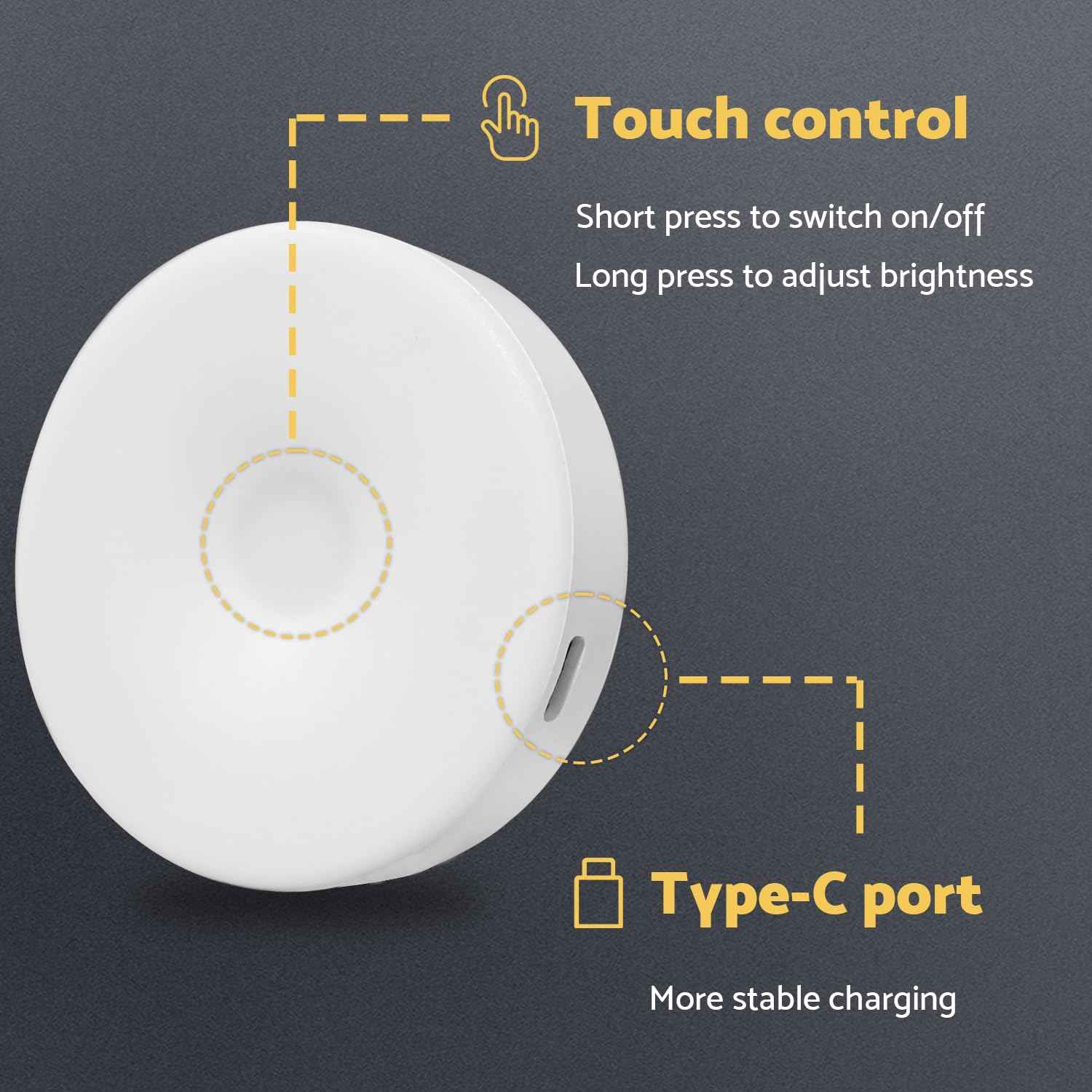 DAZZY DOT Rechargeable Puck Lights 2 Pack, Magnetic Tap Light 1000mAh Battery Powered, Warm Yellow, Dimmable Touch Light Stick on for Closet, Locker, Cabinet, Bedside, Kitchen