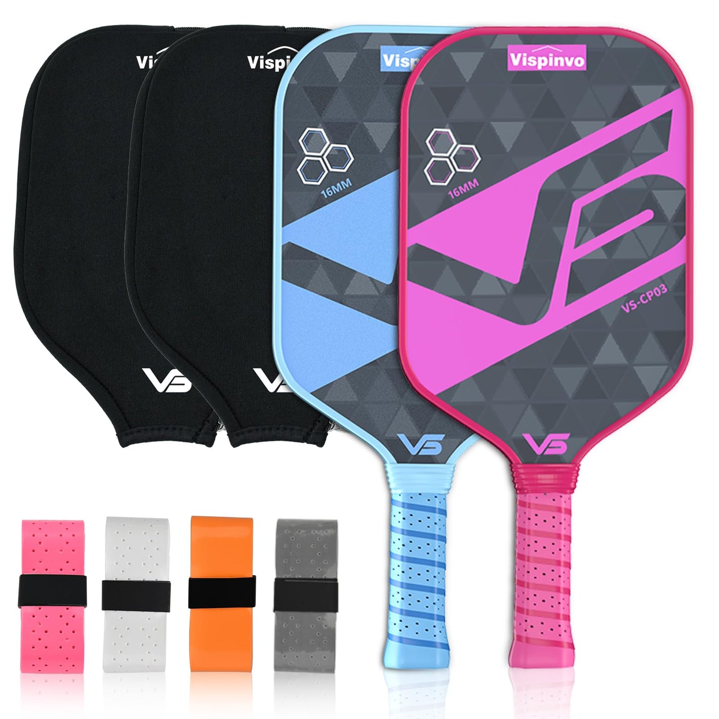 Vispinvo Pickleball Paddles Set of 2, Fiberglass Pickle Ball Paddles with 4 Grip Straps + 2 Paddle Covers, Durable &Lightweight Racket for Beginners, Men, Women, Adults, Kids