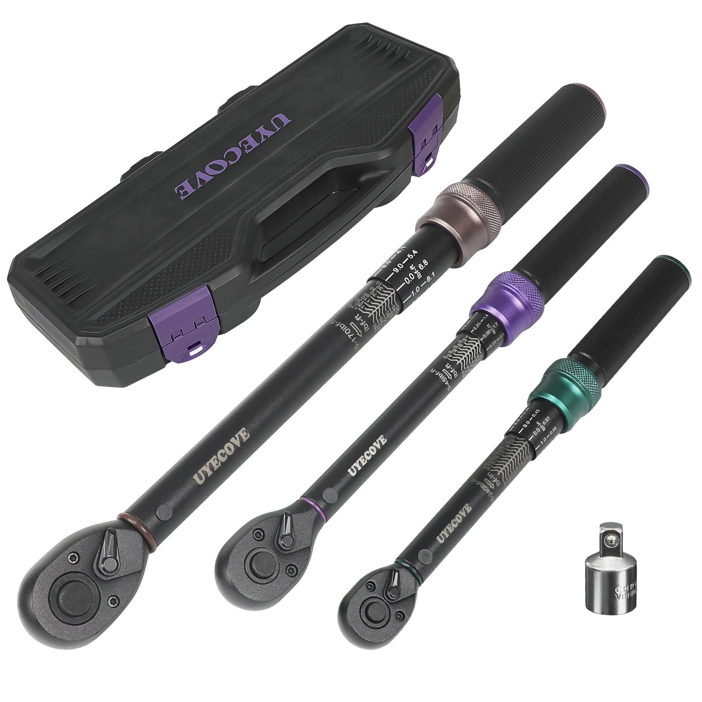 UYECOVE 1/4 3/8 1/2-inch Drive Click Torque Wrench, 4Pcs Torque Wrench Set 20-240 in.lb, 5-45 ft.lb, 20-160 ft.lb，with 1 Adapter，Adjustable Torque Wrench Set for Bike, Motorcycle, Car Maintenance