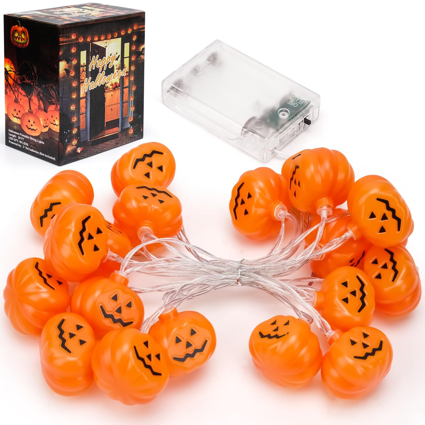 Halloween Decoration, 10FT 20 LED Pumpkin String Lights, Battery Operated 2 Mode Steady/Flickering Waterproof Halloween Lights for Indoor Outdoor Decor Camper Party Decorations