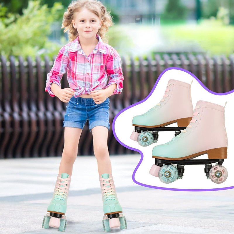 jessie Roller Skates for Girl and Women, PU Leather Fantastic Flash Wheel Kid Roller Skates Girls Ages 6-12 Beginner for Indoor Outdoor (Green Pink 35)