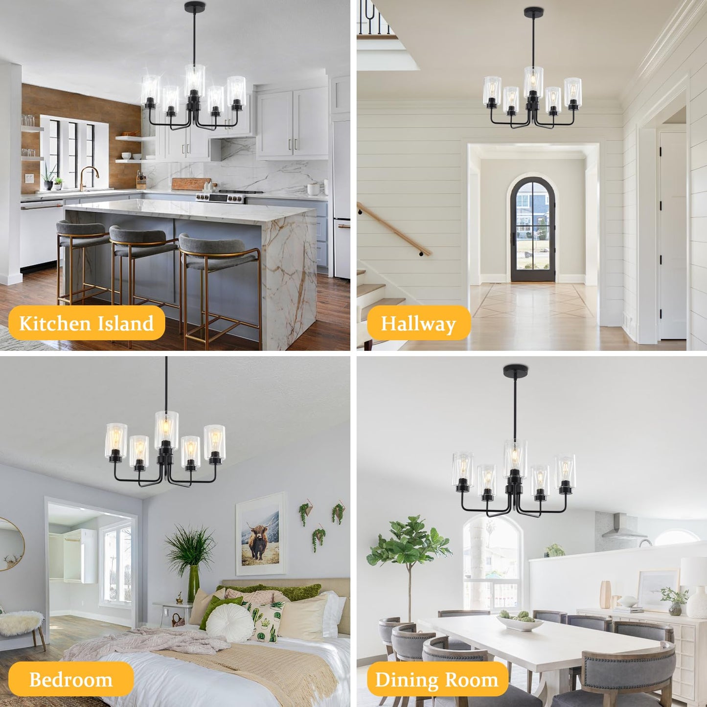 5-Light Modern Farmhouse Black Chandelier for Dining Room, 22" Industrial Pendant Light Fixture with Glass Shades, Adjustable Hanging Ceiling Lamp for Kitchen Island, Living Room, Bedroom, Foyer