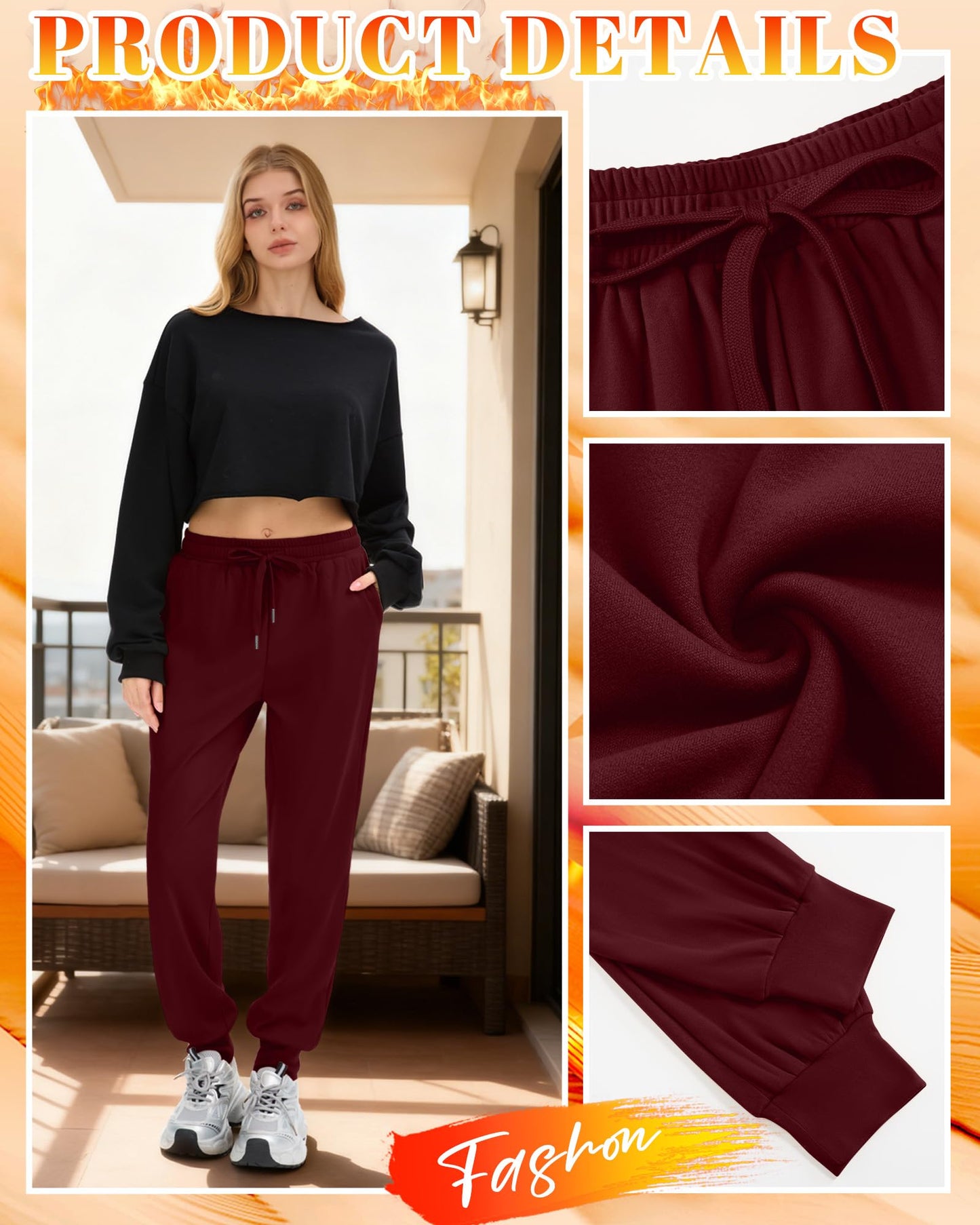 Velvelhall 3 Pack Women's Fleece Lined Joggers Thermal Lounge Sweatpants Elastic Waist Drawstring Yoga Pants with Pockets(Wine Red, Navy Blue, Black,Large)