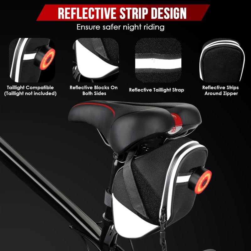 WOTOW Bike Saddle Bag - Waterproof Strap-on Bike Seat Bag - Reflective Bicycle Under Seat Storage Pouch for Road Mountain Bike Cycling Travel
