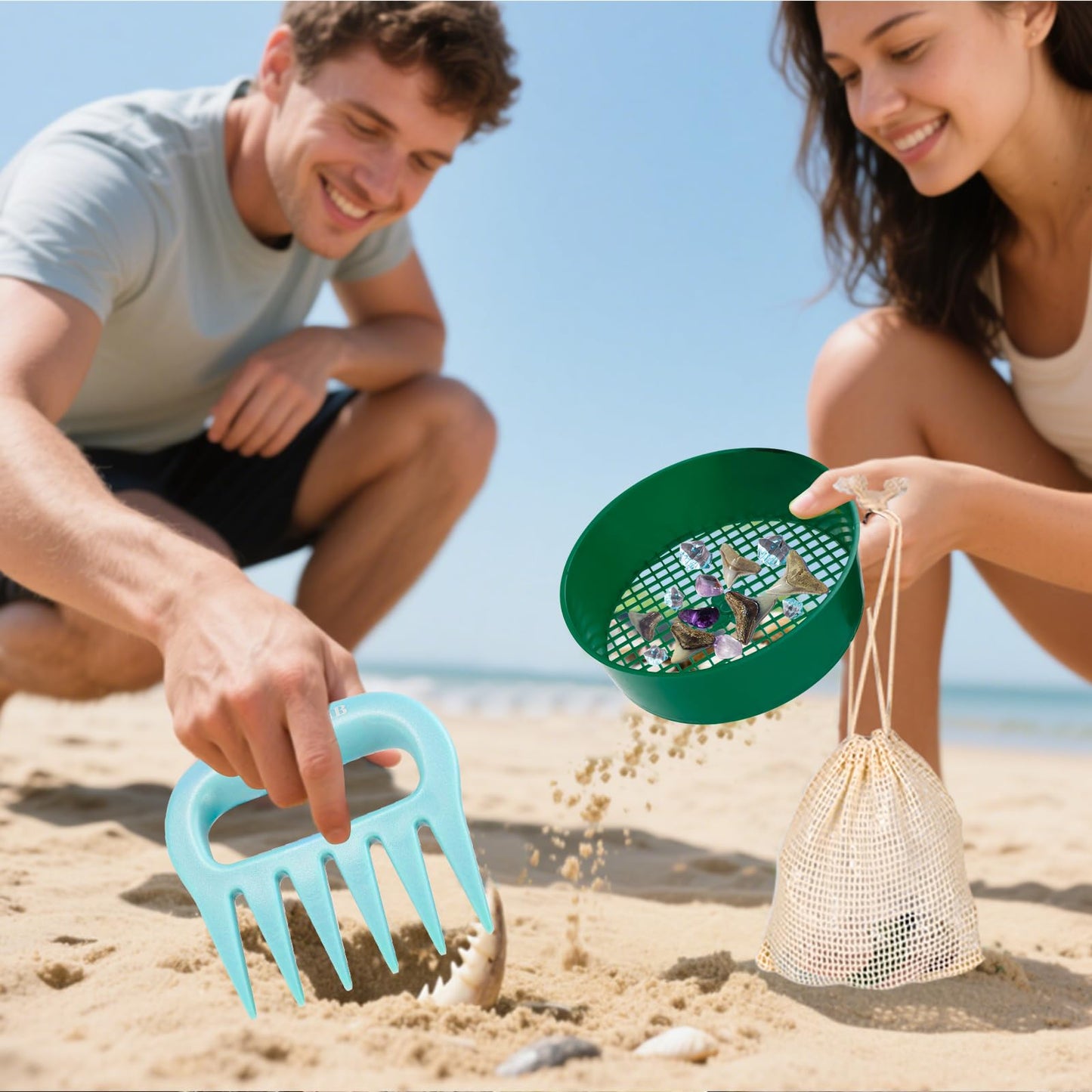 Sand Scoop with Shovel Sand Flea Rake with Beach Mesh Bag Plastic Sand Sifter for The Beach Shell Scooper Shark Teeth Digger for Picking Up Shells Sea Glass Hunting Tools Beach (Blue with Sifter)