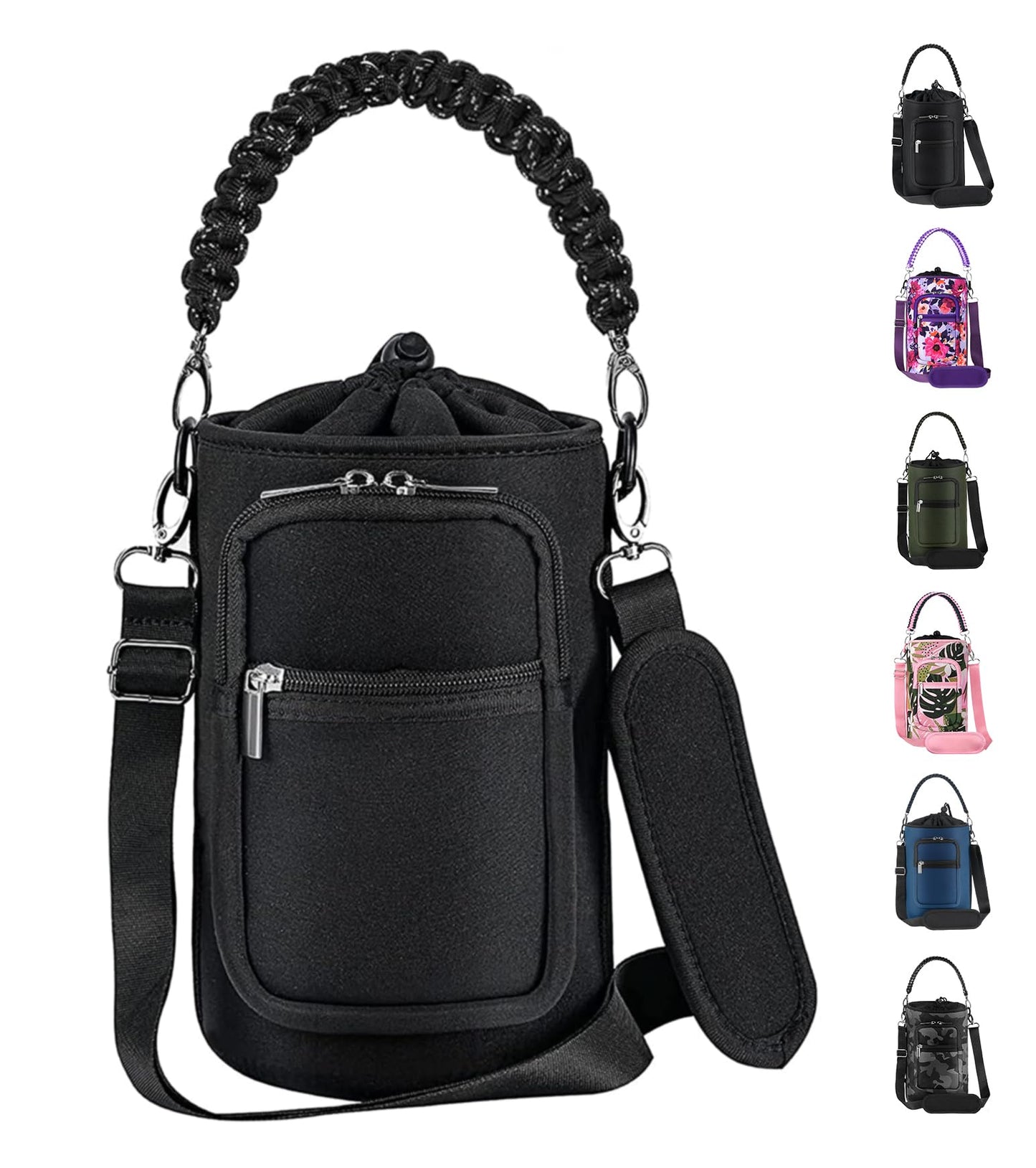 AceTreker 64 oz /87 oz/128 oz Neoprene Water Bottle Sleeve for Insulated Metal Water Jug Bottles, Carrier Sling Bag with Adjustable Shoulder Strap & Paracord Handle and 2 Pocket for Walking-Black