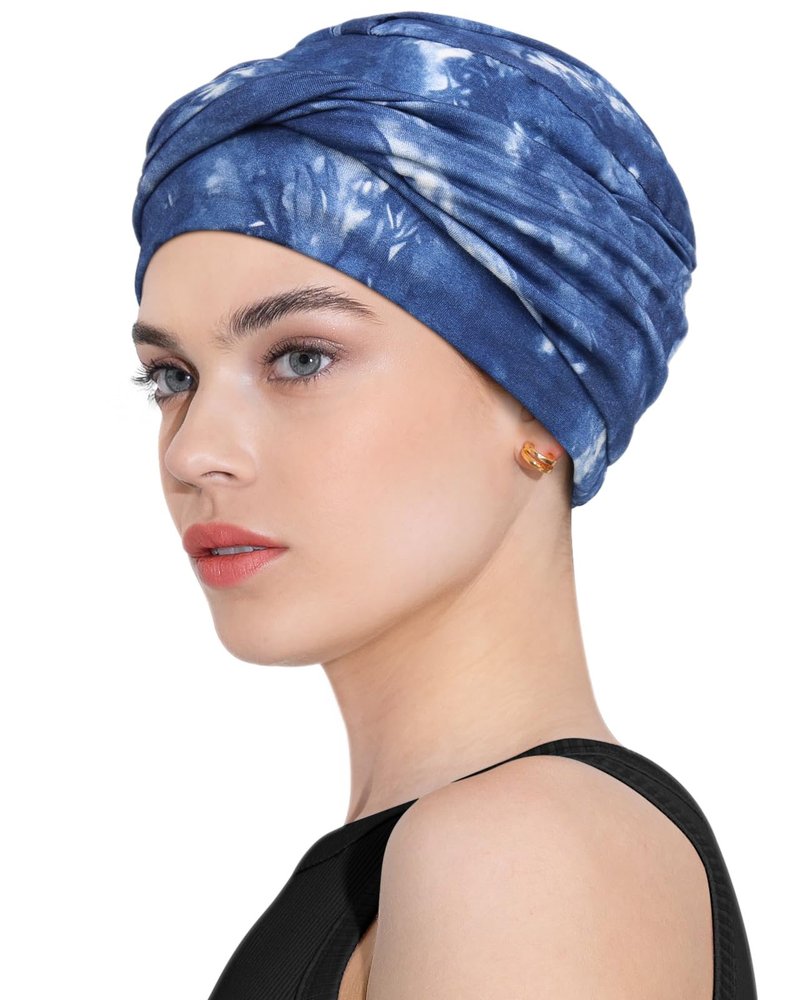 Awefeel Chemo Headwear for Women Cancer Hats Tie-dye Denim Blue