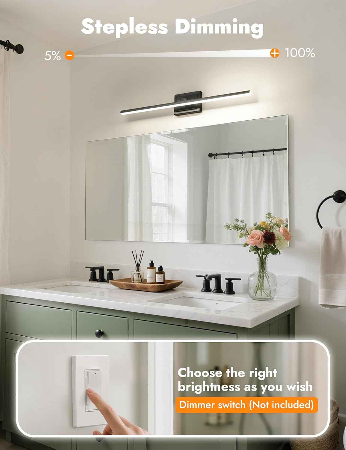NIORSUN 24-Inch Dimmable LED Bathroom Vanity Light Fixture - Modern Black Over Mirror Lighting, 5CCT, ETL Certified