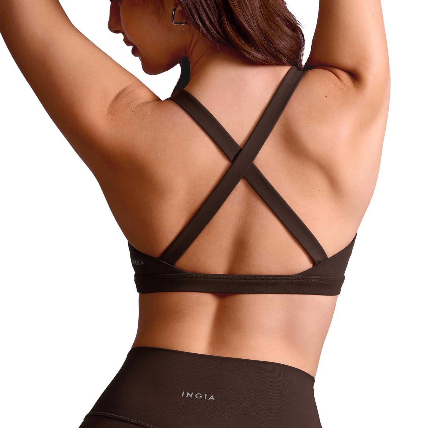 INGIA Women's Square Neck Sports Bra Strappy Criss Cross Wide Straps Workout Padded Cami Yoga Bra Gym Pilates Top Hot Fudge Brown Small