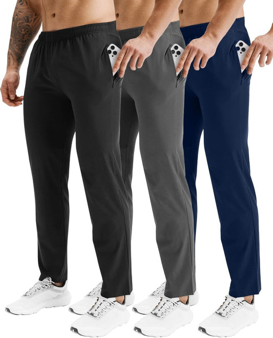 Men's 3 Pack Lightweight Breathable Athletic Gym Running Pants Workout Joggers with Zipper Pockets Black Blue Grey L