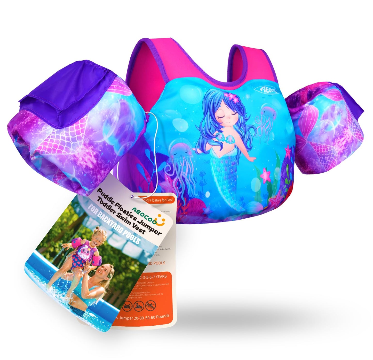 AEOCOO Puddle Float Jumper 30-50-60-70 Pounds, Toddler Swim Vest for 2-3-5-7 Years Old, Pool Floats with Swimming Arm Floaties Swim Jacket for Kids Swimmies, Boys, Girls, Niños, Mermaid