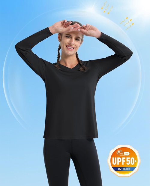 MAGCOMSEN SPF Long Sleeve Workout Shirt - V-Neck UPF 50+ Quick Dry Performance Tee for Women