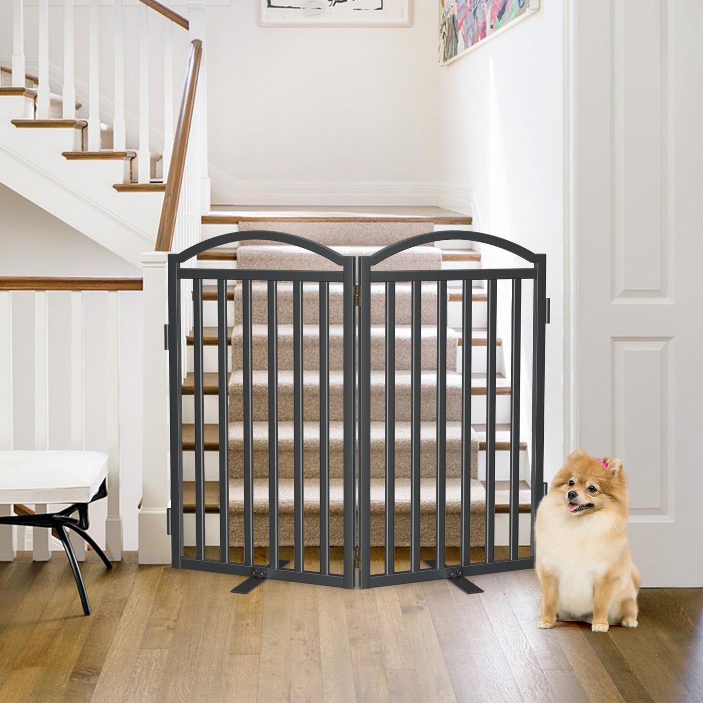 Malier Metal Freestanding Dog Gates with Door, 36'' Height Outdoor Indoor Dog Fences, Extra Wide Foldable Puppy Gate for Stairs (Black, 【2 Panels】 40''W × 36''H)