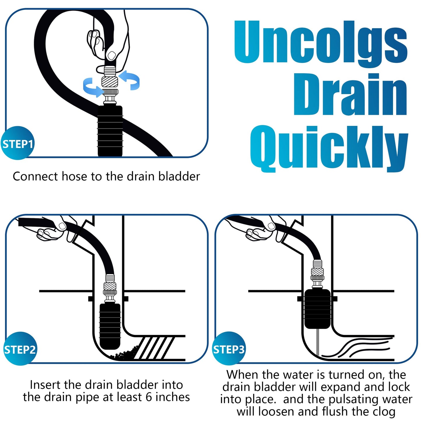 Nkiy Quen 3 Pcs Drain Bladders,Rubber Bladder Drain Cleaners Fit 1" to 6" Drain Pipes,Drain Blockage Unclog Kits for Bathroom Drains Kitchen Sinks