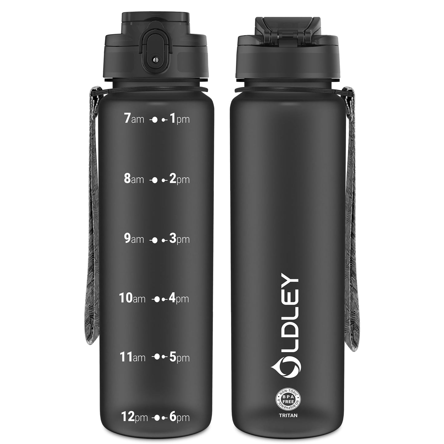 OLDLEY 32 oz Water Bottle, Motivational Water Bottle with Time Marker, Sports Water Bottle With Strap, Leakproof & BPA Free Large Water Bottles for School, Gym, Travel, Outdoor, Tritan,Black