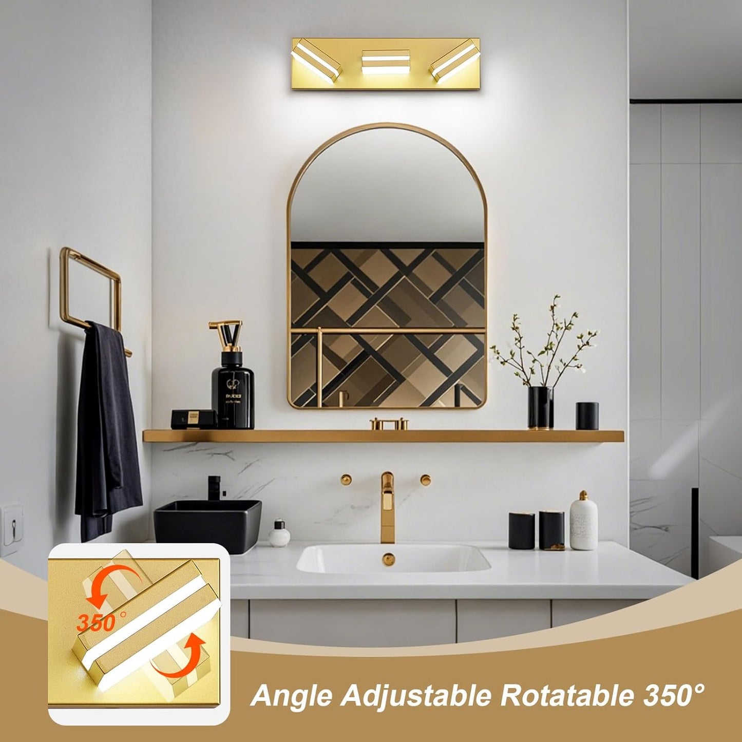 3-Light Modern LED Bathroom Vanity Light Fixture - Black Metal & Acrylic, 16-inch Over Mirror Lighting