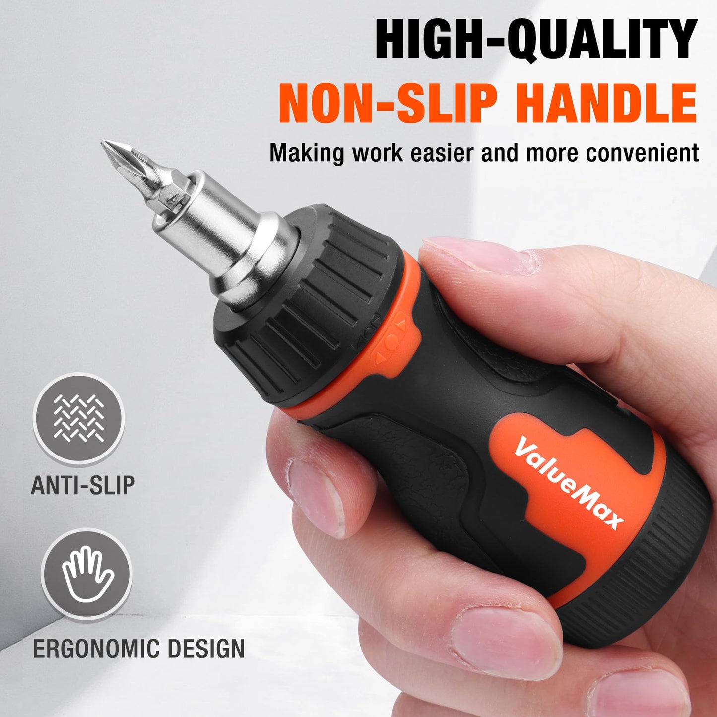 ValueMax 8-in-1 Stubby Ratcheting Screwdriver, Multi-bit Screwdriver, Quick-load Mechanism, Adjustable Magnetic Tool with Phillips, Slotted, Torx Screw Driver Bits and 1/4" Nut Driver