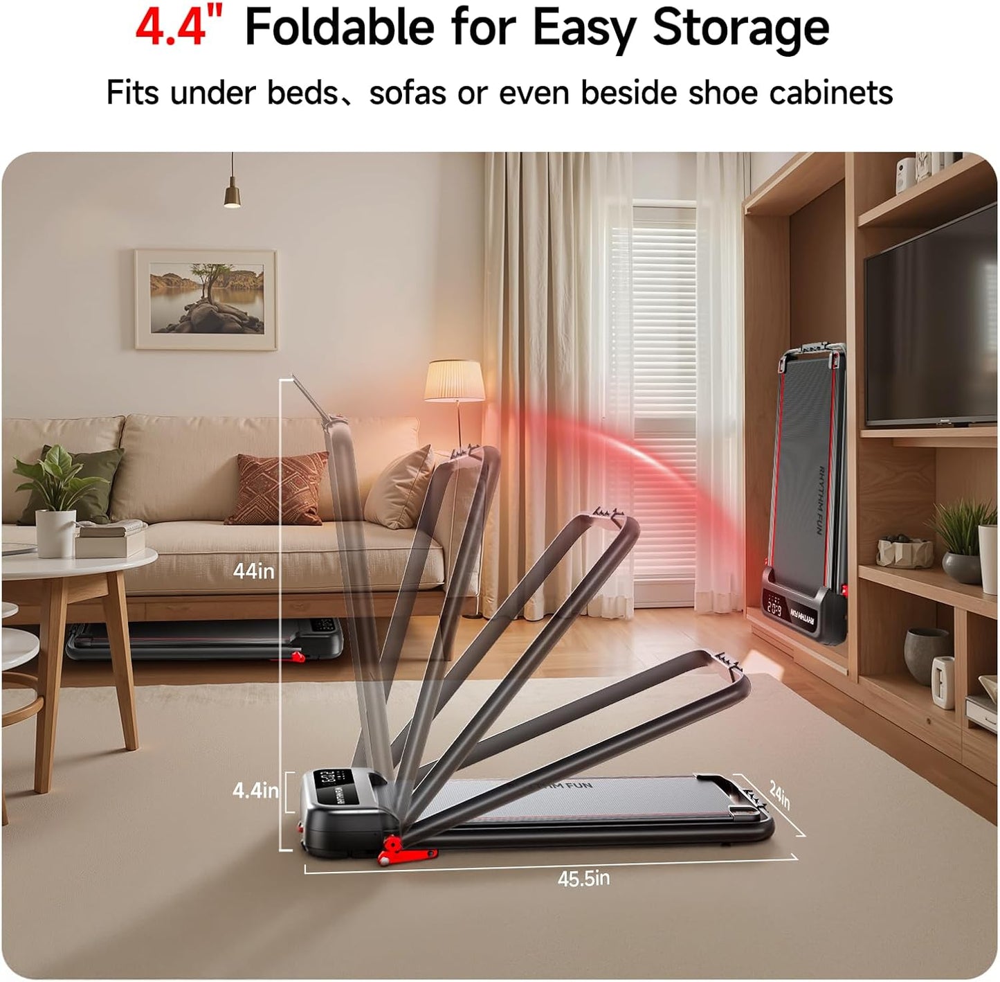 RHYTHM FUN Treadmill - Portable Folding Walking Pad with Incline & Handle Bar | Supports 300lbs, Low Noise