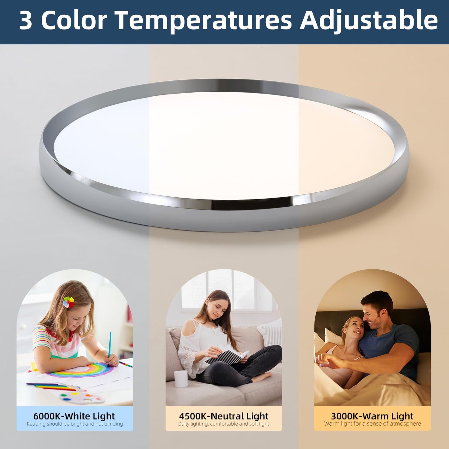 Fordeson Modern Bathroom LED Ceiling Light, 19inch Chrome Round Flush Mount Ceiling Light, Dimmable 3000K-6000K, 40W, Ultra-Thin Minimalist Office Lighting for Living Room, Bedroom, Kitchen, Hallway