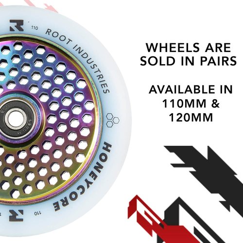 Honeycore Wheels 110mm - 120mm Pro Scooter Wheels Pair - Fits Most Setups - 24mm x 110mm - 120mm - Bearings Installed - 90 Day Warranty - Scooter Wheels (White/Rocket Fuel, 110mm)