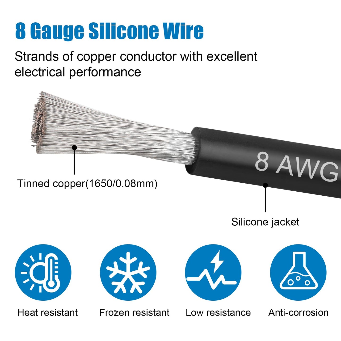 8 Gauge Silicone Wire (2 PCS) 50 FT Red + 50 FT Black Tinned Copper Core, Flexible 8 AWG High Temp Wire for Battery, Automotive, Solar, RC Car, Drones etc.