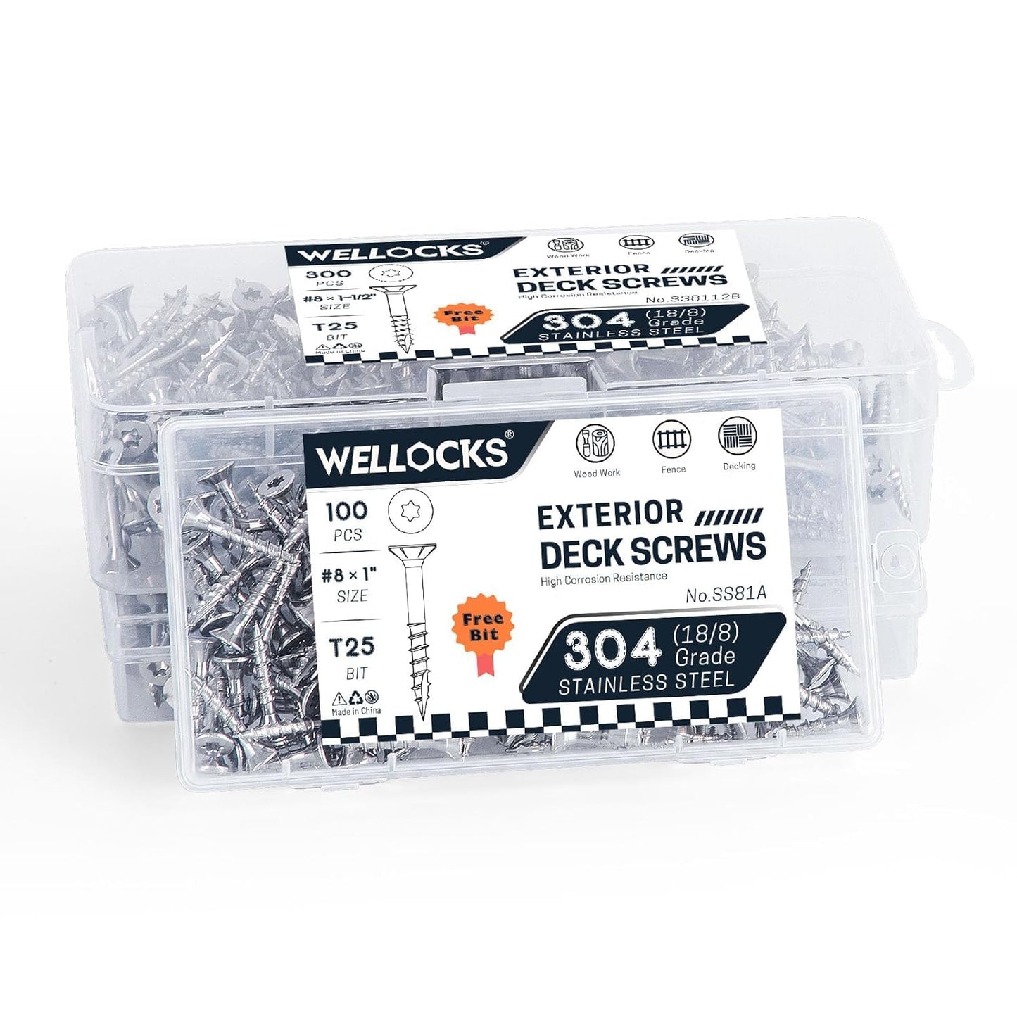 WELLOCKS Deck Screws 304 Stainless Steel #8×1-5/8" 100 PCS with T25 Star Torx Drive Flat Head Wood Screws High Corrosion Resistance for Outdoor Wood Fence(SS8158A)