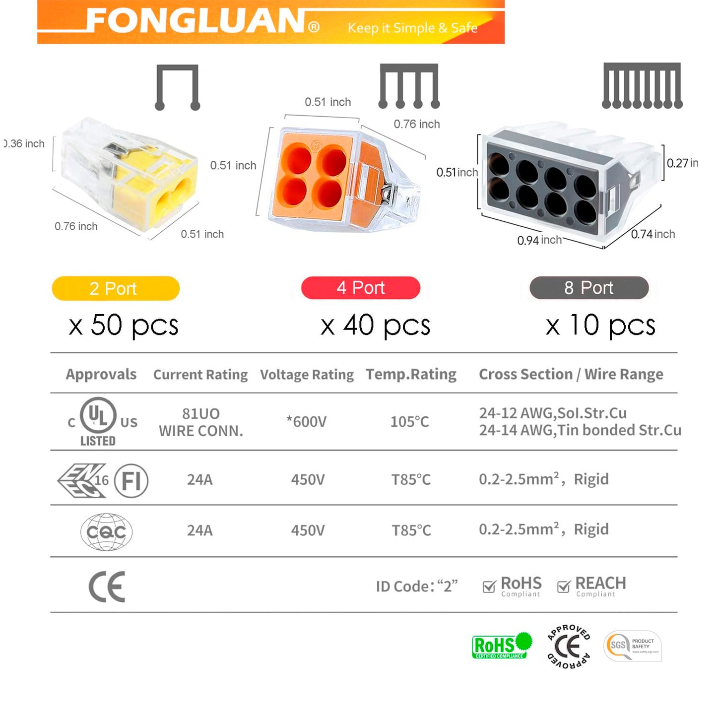 FONGLUAN 100pcs Push-in Wire Connector Splicing Terminals for Solid and Stranded Conductors with 2/4/8 Wires