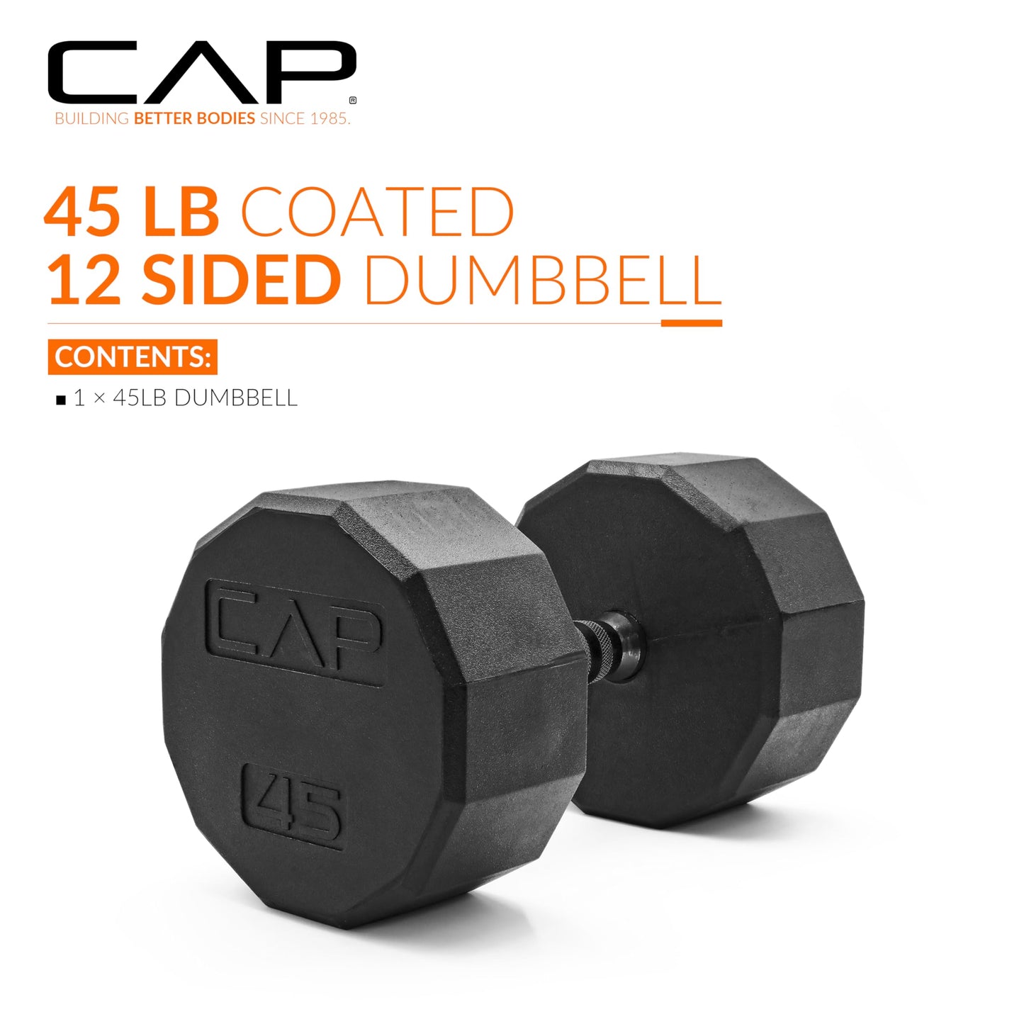CAP 45 LB 12-Sided Rubber Coated Dumbbell Weight, Rubber Free Weights for Home Gym Strength Training, Black Oxide Handle, Single